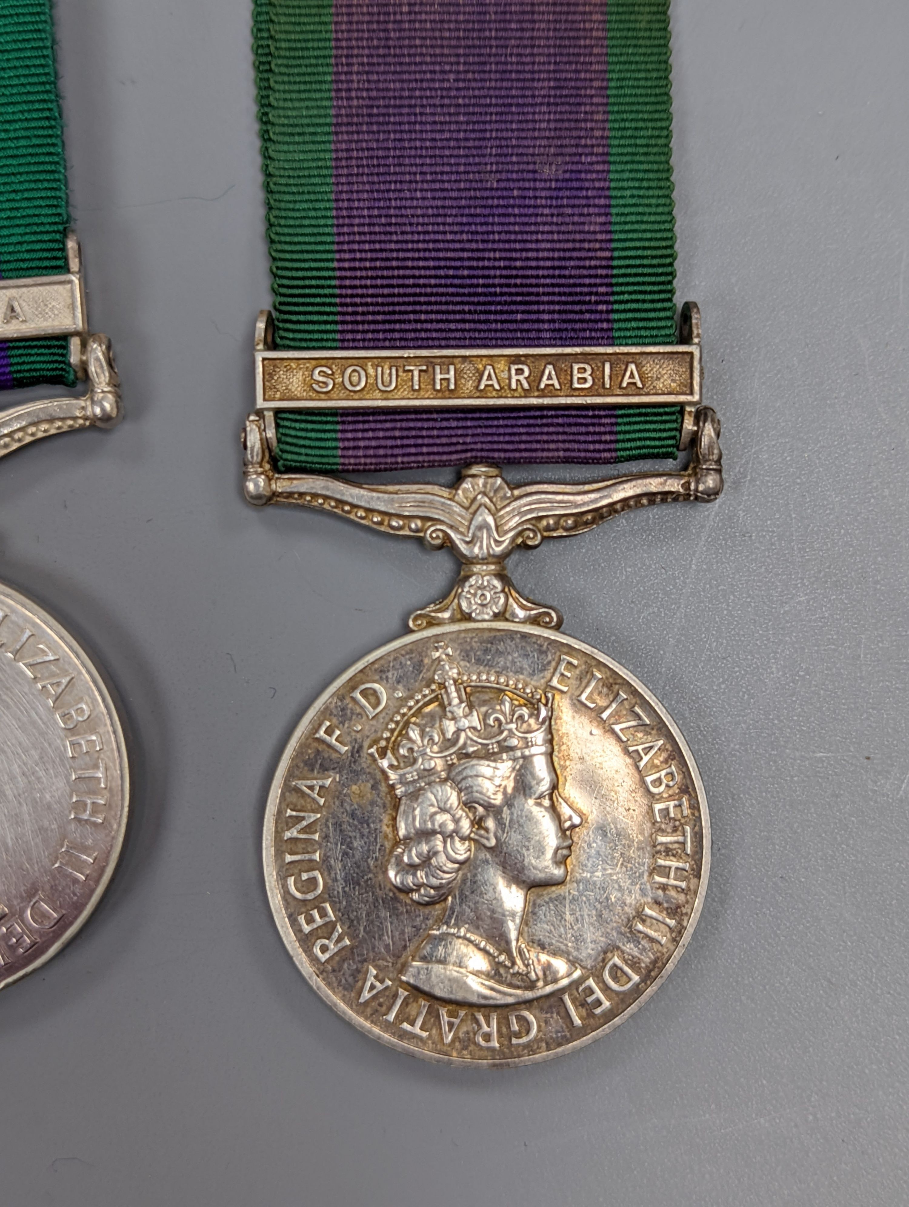 Five QEII GSM, three with a Northern Island clasp (one with UN medal), and two with South Arabia clasps